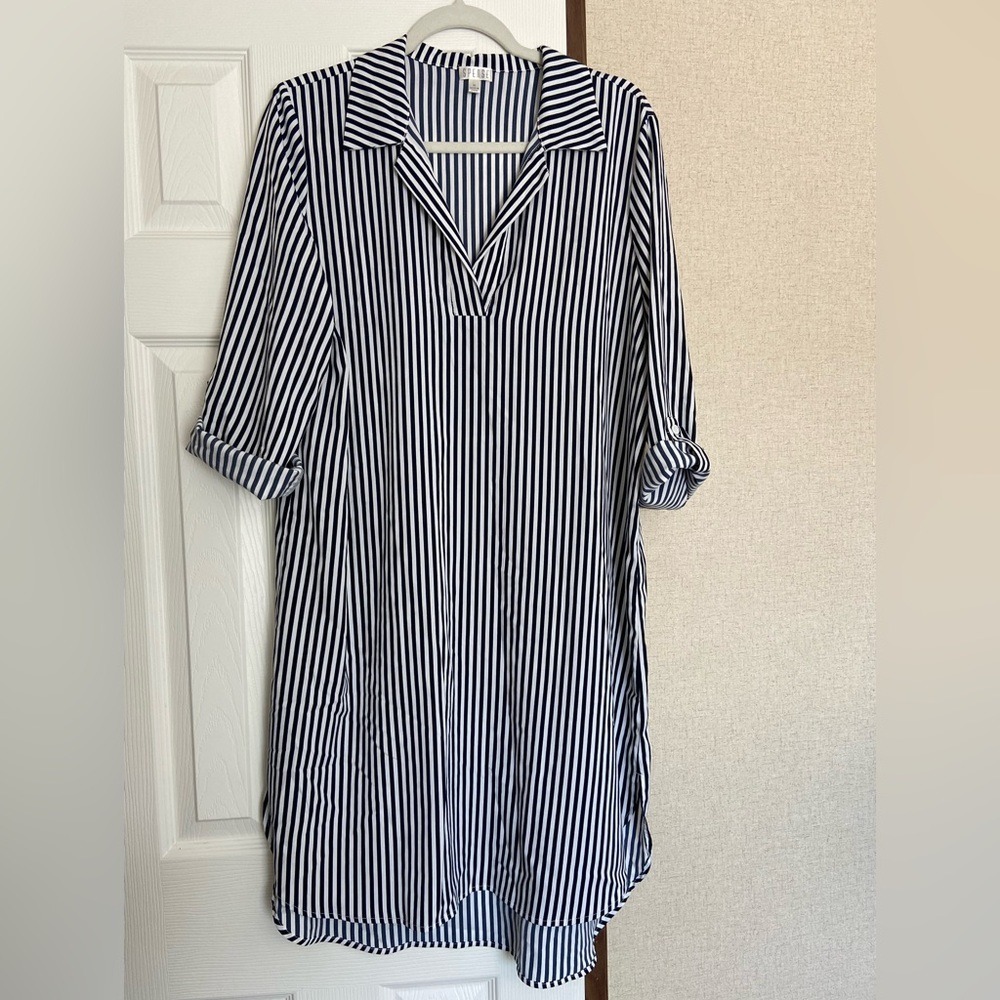 Spense Navy and White Striped Shirt Dress
